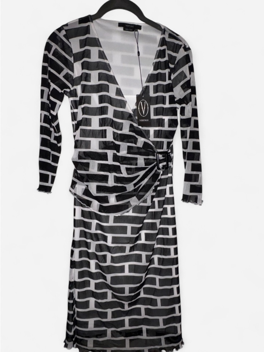 Vertigo Paris: SIZE S.  Black & White Geometric Wrap Midi Dress